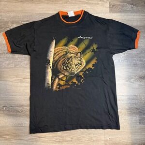 Vintage 1993 Hazelwoods Arizona Wolf Graphic Ringer Tee Mens Large Black Orange